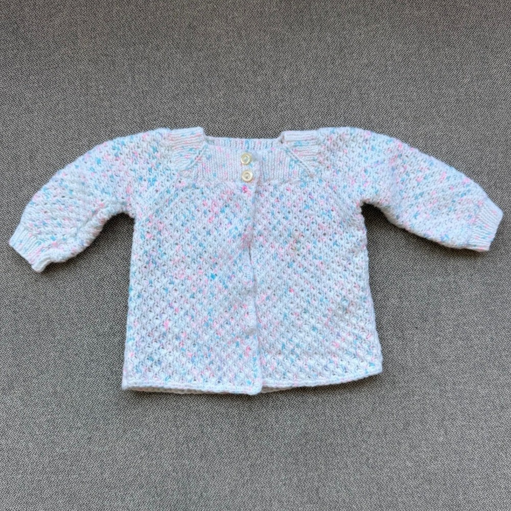 Vintage Handmade Baby Cardigan White Pastel Pink Blue Confetti Knit Sweater